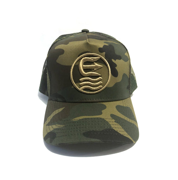 ring camouflage mid crown trucker hat